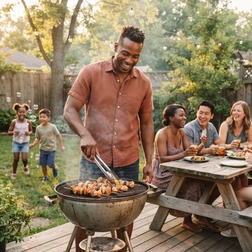 Smiling black man grills sausages and vegetable skewers on a barbecue in a backyard while diverse friends laugh at a table and children play on a swing set.