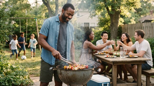 Smiling black man grills sausages and vegetable skewers on a barbecue in a backyard while diverse friends laugh at a table and children play on a swing set.