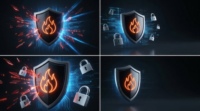 Collage banner of cybersecurity firewall shield with glowing flame icon and floating digital padlocks on dark technology background with copy space