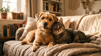 Fototapeta na wymiar Happy Dog and Cat Best Friends Relaxing Together on a Sofa