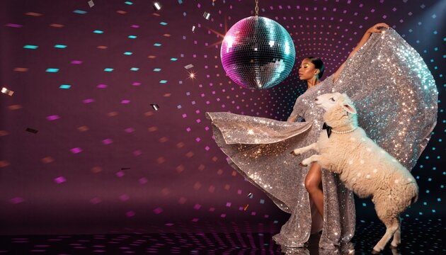 Fashionable woman in silver dress dancing with a sheep at a disco