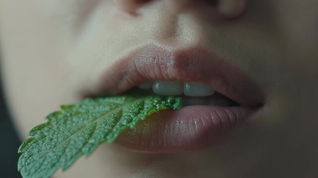 Woman Tasting Fresh Mint Leaves with Intriguing Expression