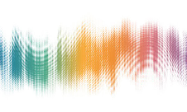 Vector autumn halftone wave with multicolor dots on white. Retro contour texture with orange, gold, red and purple gradients.
