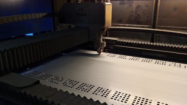 Precision laser cutting machine cutting steel sheet in workshop