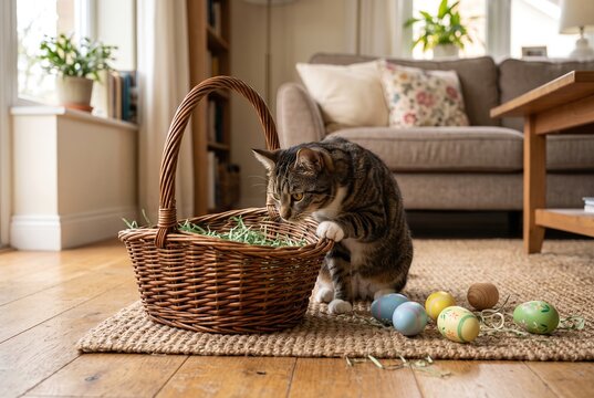 A cat inspects an Easter basket sitting on the floor. The basket contains green straw and colorful eggs nearby. A cozy living room with a sofa is in