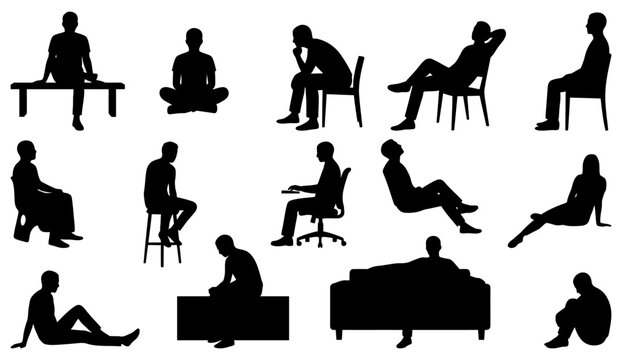 People sitting silhouette set showing figures on chairs and furniture for architectural scale | Flat vector graphic illustration
