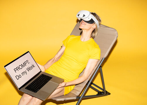 Woman in virtual reality headset automates work on sun lounger