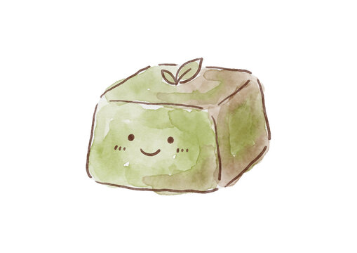 Charming handpainted green jelly dessert block with a cute smiling face and rosy cheeks adorned with delicate leaves presented as a delightful watercolor illustration on a pristine white background