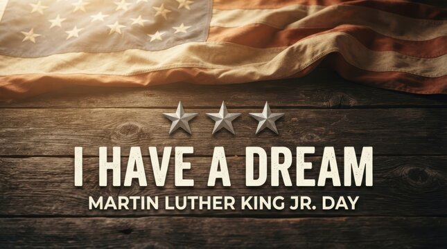 Waved American flag on wooden background with I Have a Dream Martin Luther King Jr. Day text
