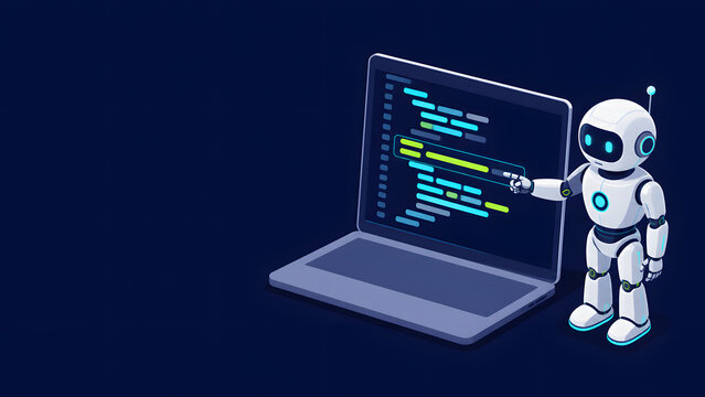 Developer and robot working together on a laptop
