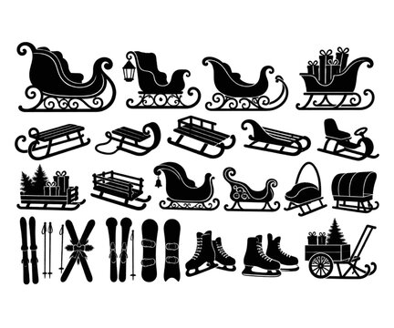 Christmas sleigh and winter sports equipment silhouette vector collection for festive seasonal designs