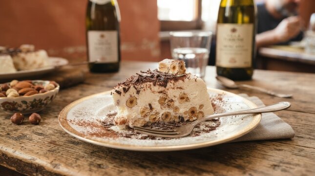Semifreddo al torrone serving on a vintage plate on a distressed wooden table, showcasing the rich Italian nougat dessert with whole hazelnuts, creating a tempting culinary presentation