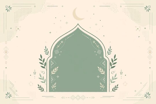 Flat vector illustration of mosque dome with crescent moon and botanical leaves on sage green for ramadan kareem greeting