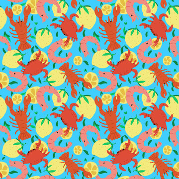 Seafood seamless pattern with lobster crab shrimp and lemon on blue background
