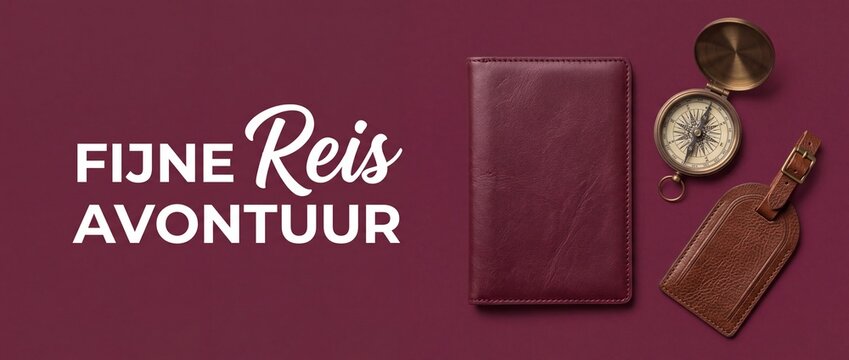 Travel passport cover compass luggage tag flat lay banner with Dutch text Fijne Reis Avontuur on burgundy background, ideal for vacation planning, exploration and adventure travel concepts.