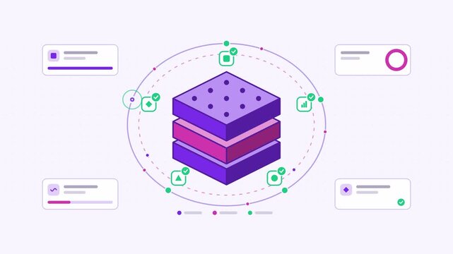 Seamless 4K looping animation showing a machine learning training feedback presented as a loop cycle. Flat vector icons, UI cards and animated connector lines move across a clean light background in p