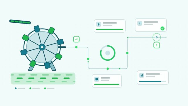Animated hydro power plant generating electricity visualised as a process flow in a modern flat vector style. Smooth looping 4K motion graphic with soft fresh green colours, floating interface cards a