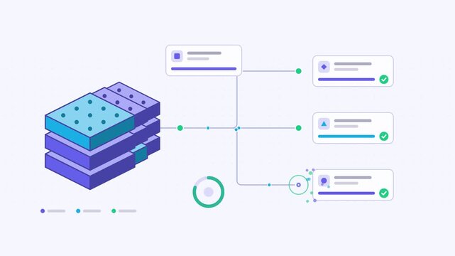 Seamless 4K looping animation showing a synthetic data generation branching samples presented as a process flow. Flat vector icons, UI cards and animated connector lines move across a clean light back