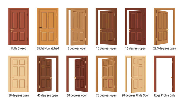 Vector set of wooden doors showing different open angles from closed to ninety degrees for architectural floor plan layout