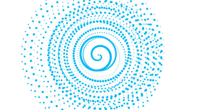 Cyan blue spiral vortex pattern formed by small circular dots on a black background, digital abstract for technology concepts