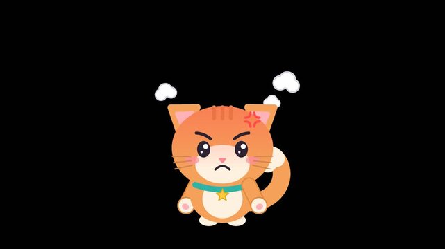 Cute orange kitten angry and fuming with steam, cartoon cat character seamless loop animation, transparent background