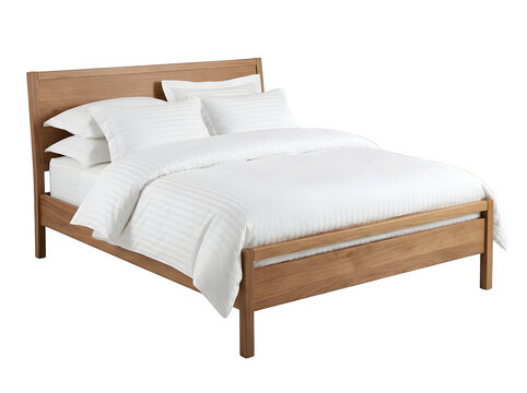 A contemporary wooden bed featuring clean white linens soft fluffy pillows and a minimalist design isolated on a transparent clear backdrop