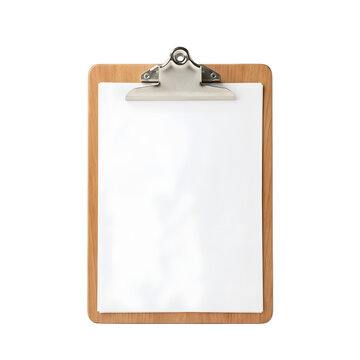 A light brown wooden clipboard holds a clean white blank sheet of paper on a clear transparent background for design elements