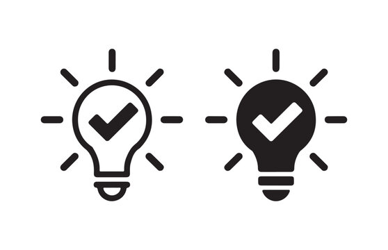 Light bulb with check mark icons set in black linear and solid styles for creative success concepts.