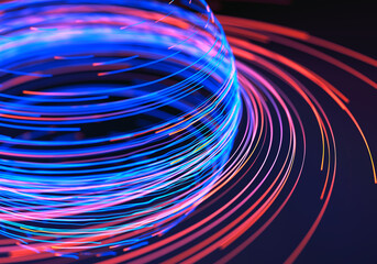 Obraz na płótnie Canvas Abstract neon light trails forming dynamic circular waves in vivid blue, pink, and red motion on a dark background for digital energy concepts. 3D Rendering