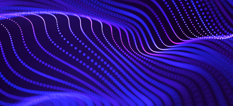 Abstract flowing blue and purple dotted waves forming a luminous digital background for technology, motion, energy, and futuristic design concepts. 3D Rendering
