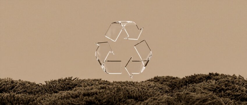 Transparent glass recycle symbol floating above textured moss background sustainability concept