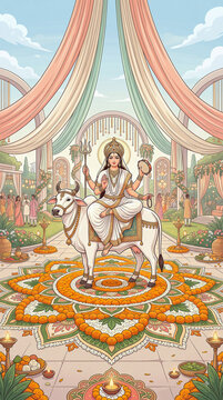 Goddess Mahagauri rides a white bull upon a massive, intricate floral rangoli. She holds a trident and drum in a festive courtyard with elegant draped fabric and glowing lamps.
