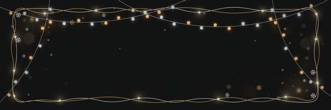 Elegant black Christmas background with glowing gold and silver string lights frame, tiny snowflakes, warm bokeh and wavy wire borders, minimal luxury festive banner with large empty copy space for ho