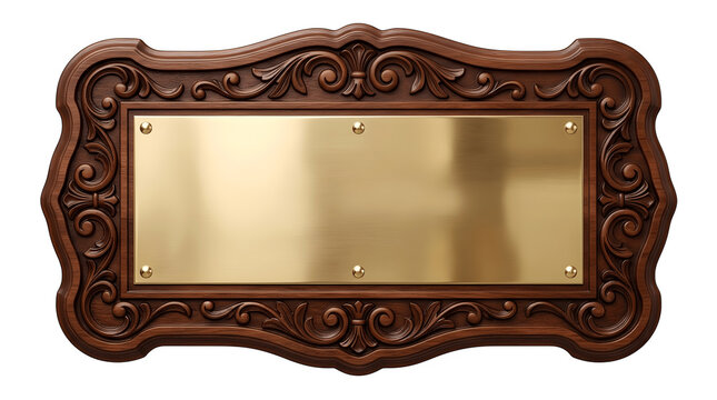 Highly detailed ornate dark wooden frame with a blank golden plaque perfect for adding text or graphic design elements on a transparent