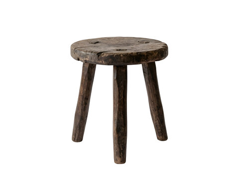 A beautifully crafted rustic three legged wooden stool presented on a transparent background perfect for farmhouse interiors and decorative design projects