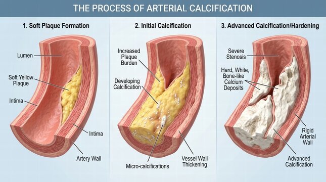 Arterial calcification process showing soft plaque formation, initial calcification with micro deposits, and advanced hardening causing severe stenosis