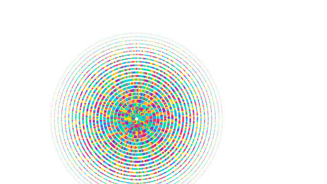 Multi colored circular spiral vortex pattern made of small dots on a black background, abstract digital for technology and science