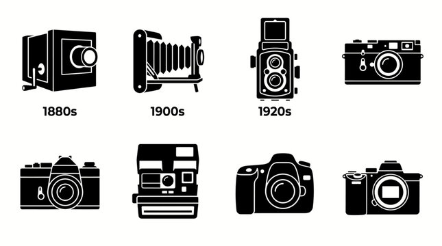 A collection of vintage and modern camera icons representing the evolution of photography through time.