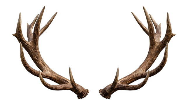 A highly detailed and realistic pair of mature deer antlers featuring multiple points and a beautiful textured surface isolated on a transparent