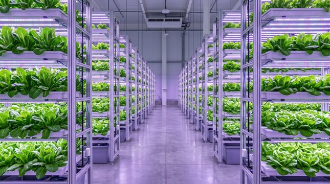 Modern indoor vertical farm featuring rows of stacked metallic shelves growing lush green leafy vegetables illuminated under bright purple LED growth lights inside spacious warehouse facility