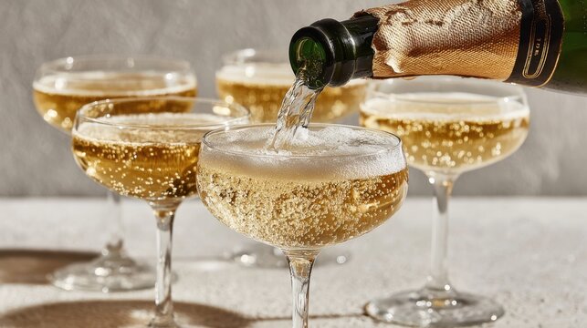 Champagne pouring into coupe glasses during holiday catering and New Year corporate party celebrations