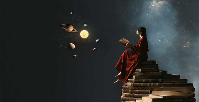 Woman reading book on stacked books under starry sky with planets for