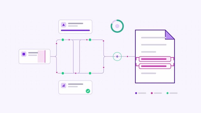 Animated optical character recognition line scanning visualised as a process flow in a modern flat vector style. Smooth looping 4K motion graphic with soft purple and violet colours, floating interfac