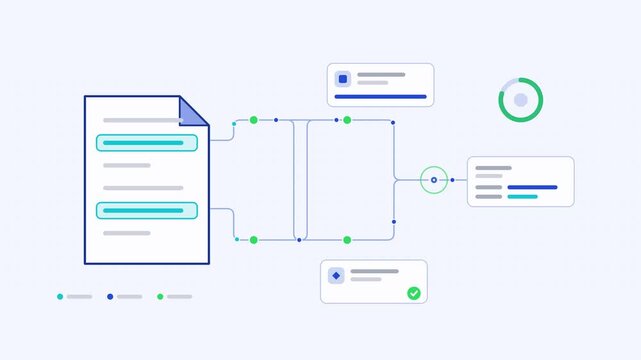 Seamless 4K looping animation showing a document data extraction field parsing presented as a process flow. Flat vector icons, UI cards and animated connector lines move across a clean light backgroun
