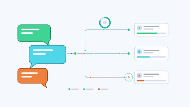 Animated sentiment analysis three tone visualised as a split flow in a modern flat vector style. Smooth looping 4K motion graphic with soft fresh green colours, floating interface cards and flowing do