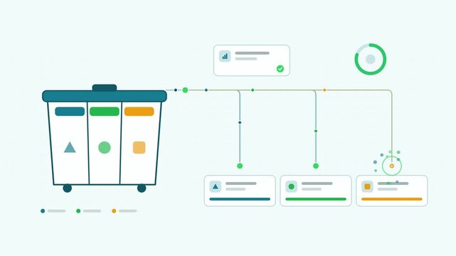 Seamless 4K looping animation showing a waste sorting three stream presented as a split flow. Flat vector icons, UI cards and animated connector lines move across a clean light background in teal and 