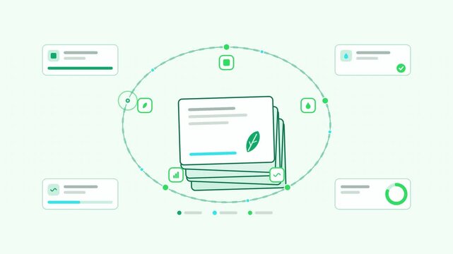 Seamless 4K looping animation showing a paper recycling pulp production presented as a loop cycle. Flat vector icons, UI cards and animated connector lines move across a clean light background in fres