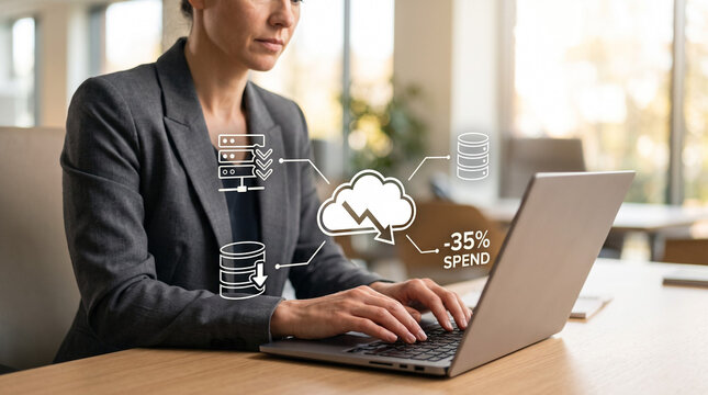 An IT manager using Cloud Cost Optimization dashboard with cloud savings arrow server database and spending reduction metrics