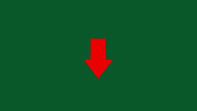 Vibrant red arrow pointing downwards animated against a solid deep forest green background, minimalist motion for digital presentations, web user interface navigation, and tutorials