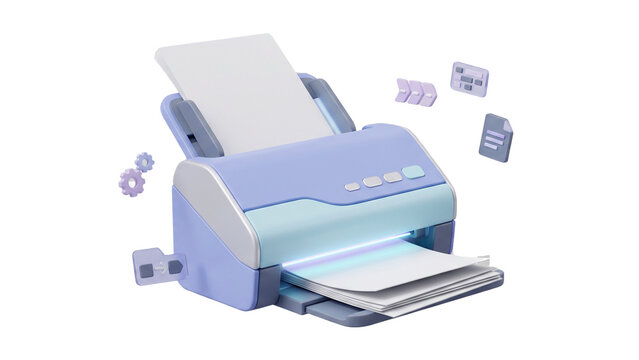 3D cartoon printer with paper input & output trays, floating UI icons, pastel blue-purple on white